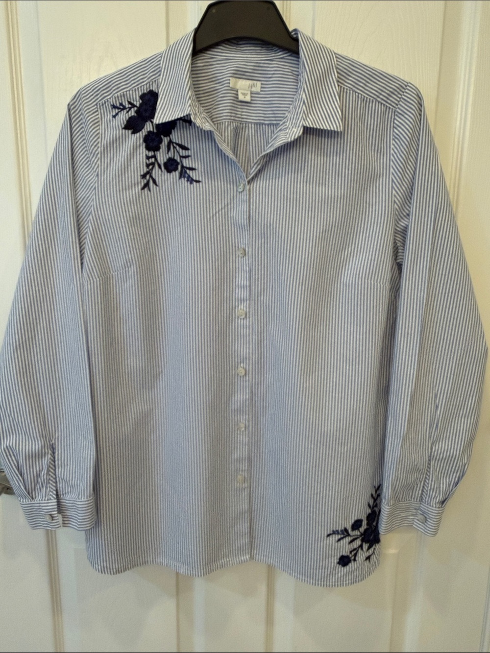 J. Jill Light Blue and White Pinstripe Blouse with Navy Floral Embroidery